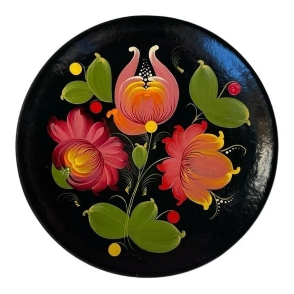 Vintage Russian Soviet Era Wood Lacquer Hand Painted Khokhloma Plate 10 Folk Art